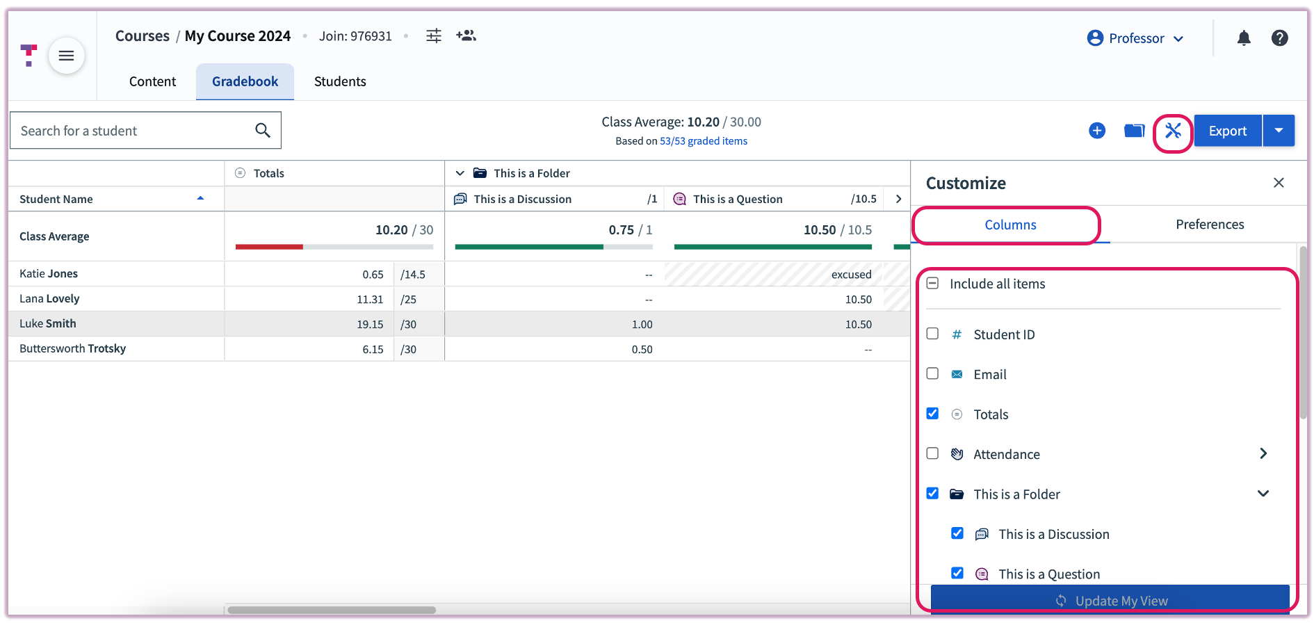[Selective Display menu allowing instructors to check or uncheck specific graded items to view]
