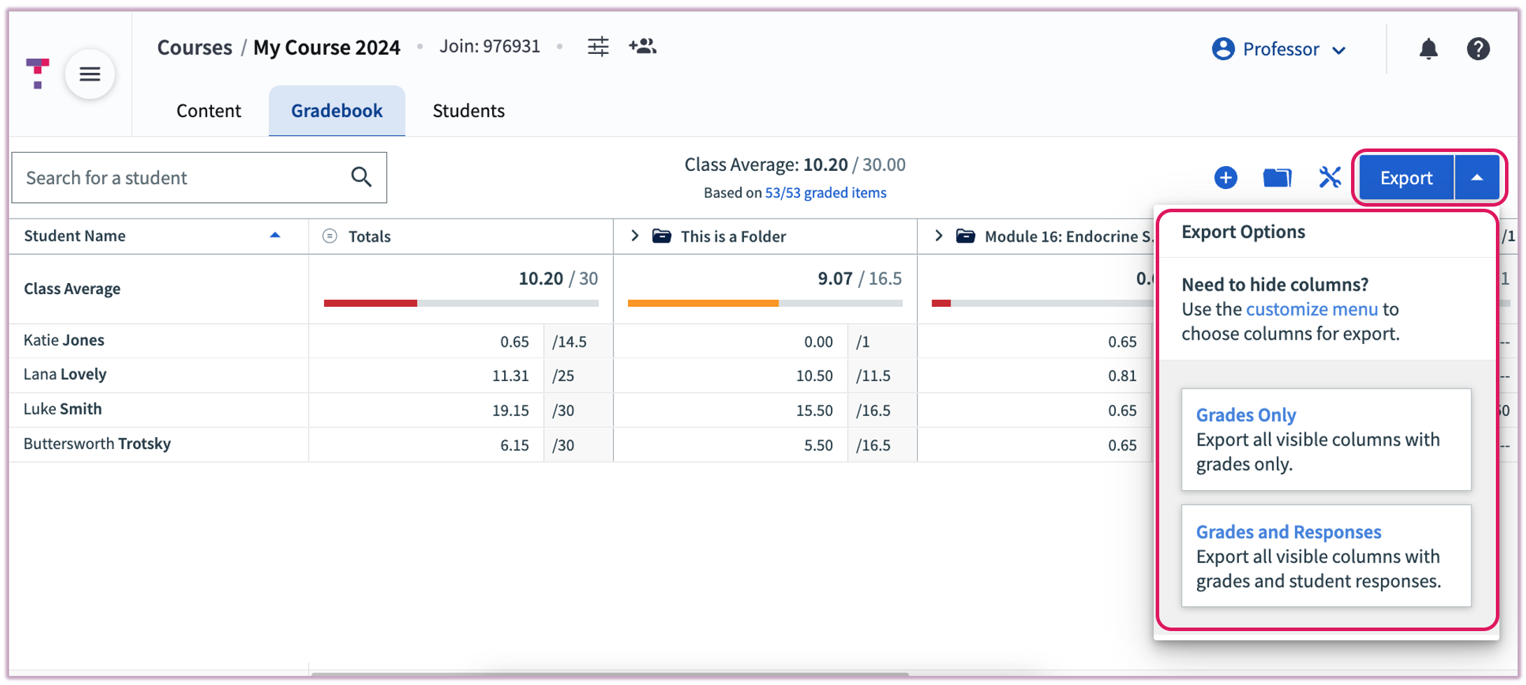 [Gradebook highlighting the Export button]