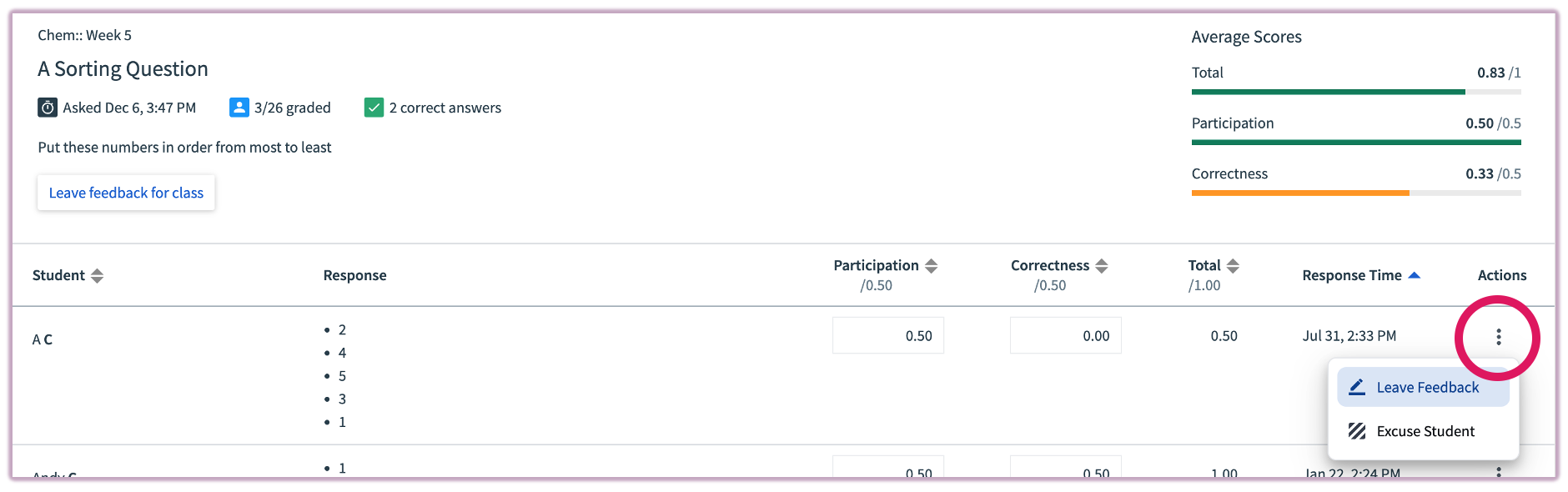 [Question Report highlighting the three-dot menu and Leave feedback option]
