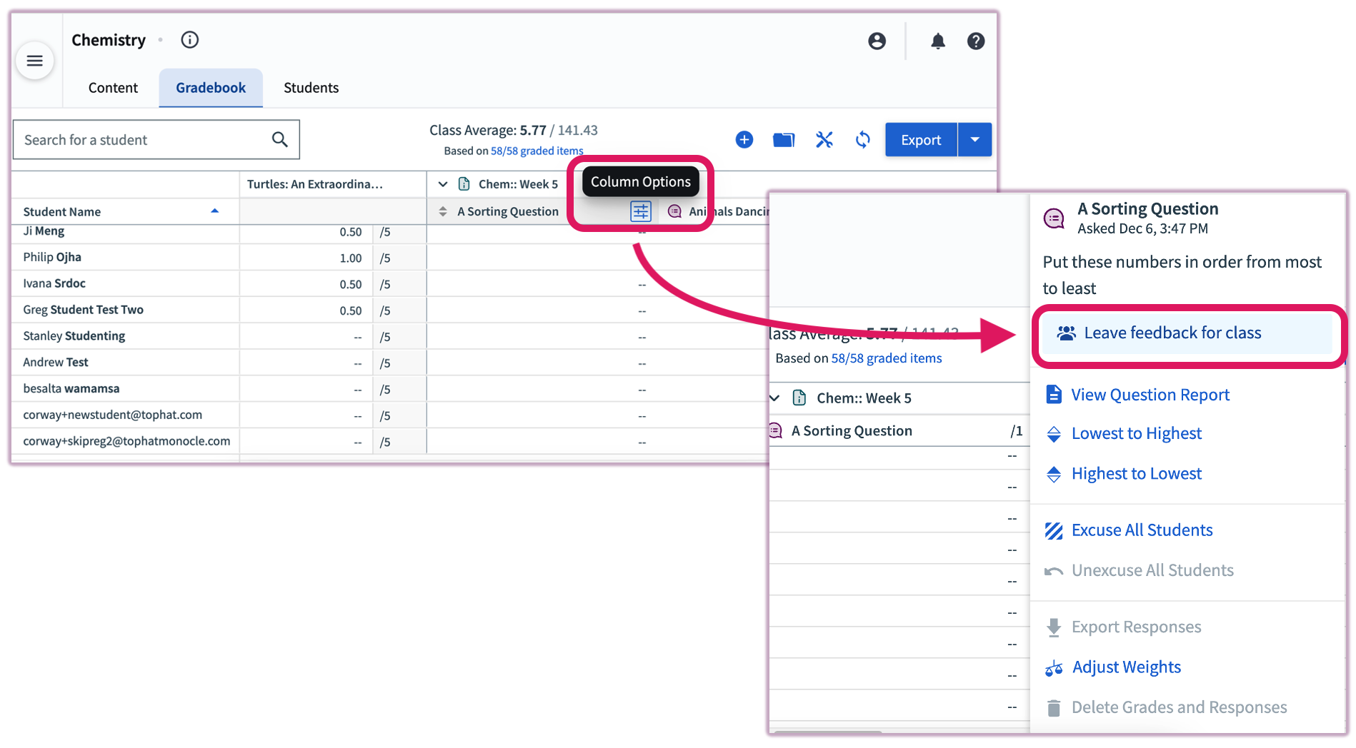 [Column header options modal highlighting the Leave feedback for class button]