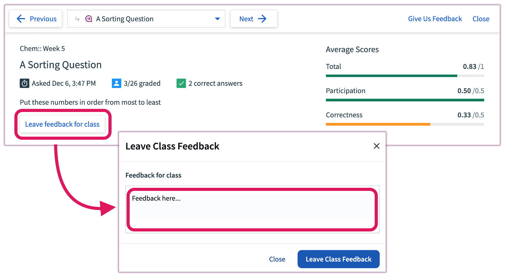 [Question Report header highlighting the Leave feedback for class button]
