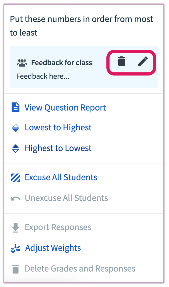 [Header modal displaying an existing class comment with icons to edit or delete it]