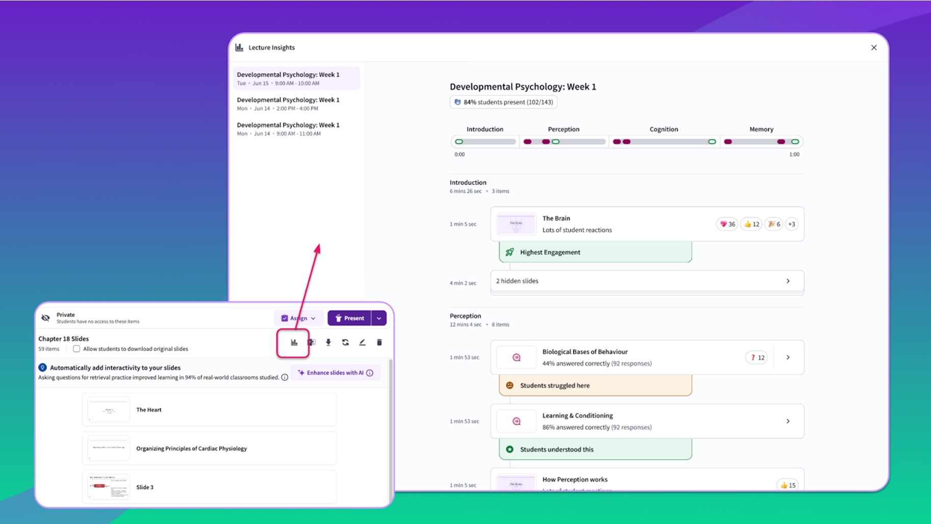 [Preview pane highlighting the graph icon button used to open Lecture Insights]
