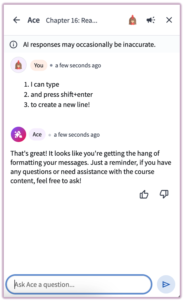 UI detail showing that pressing Shift plus Enter creates a new line in the chat box.