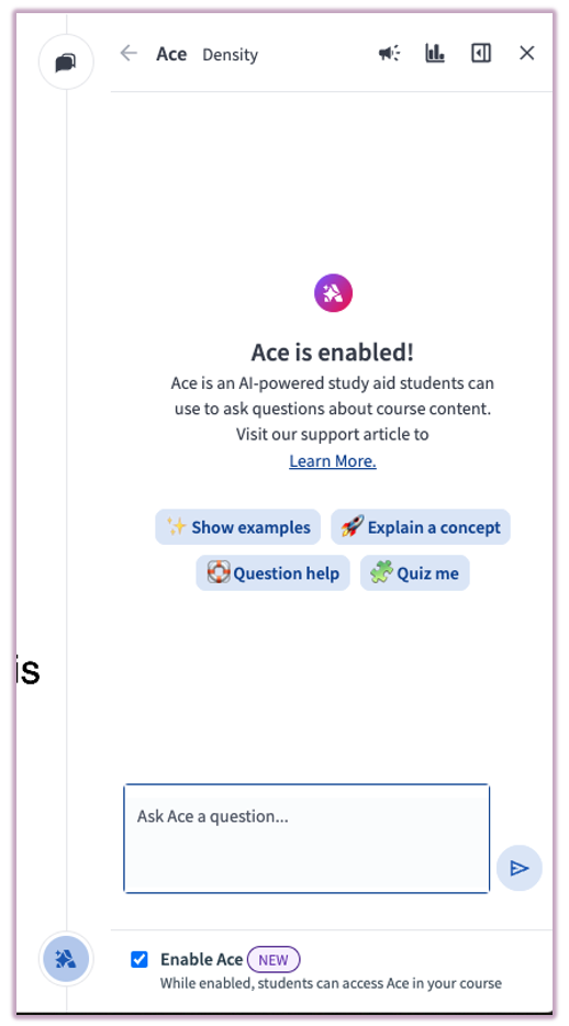 Instructor view showing the ACE side panel with Smart Default buttons for quick queries