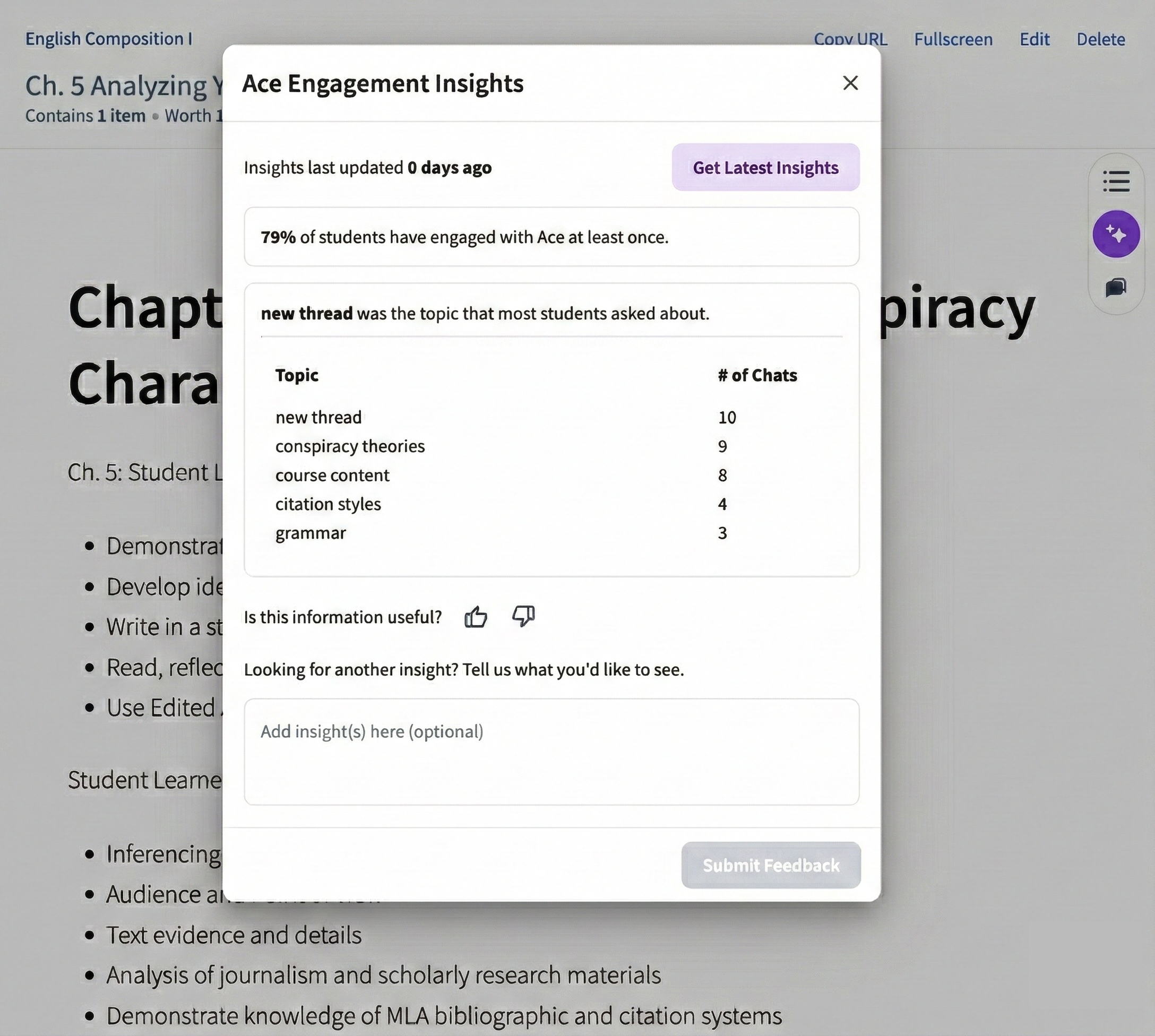 A dashboard view of Student Engagement Insights showing frequent topics, engagement volume, and rate.