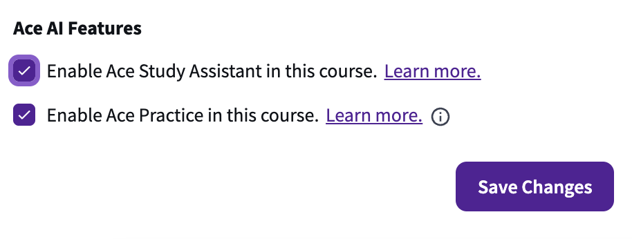 Advanced Course Settings menu highlighting the Enable ACE toggle