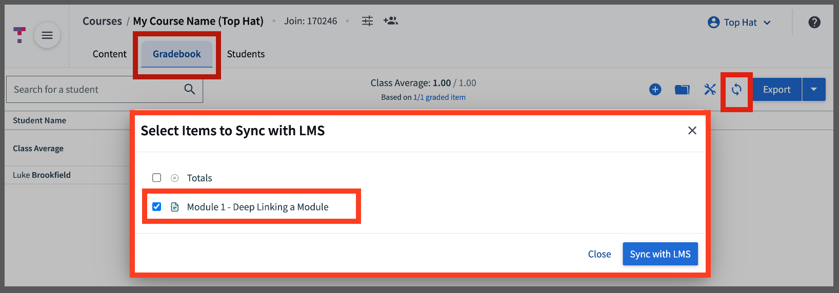 [Top Hat Gradebook interface showing the Sync button and the 'Sync with LMS' confirmation dialog]