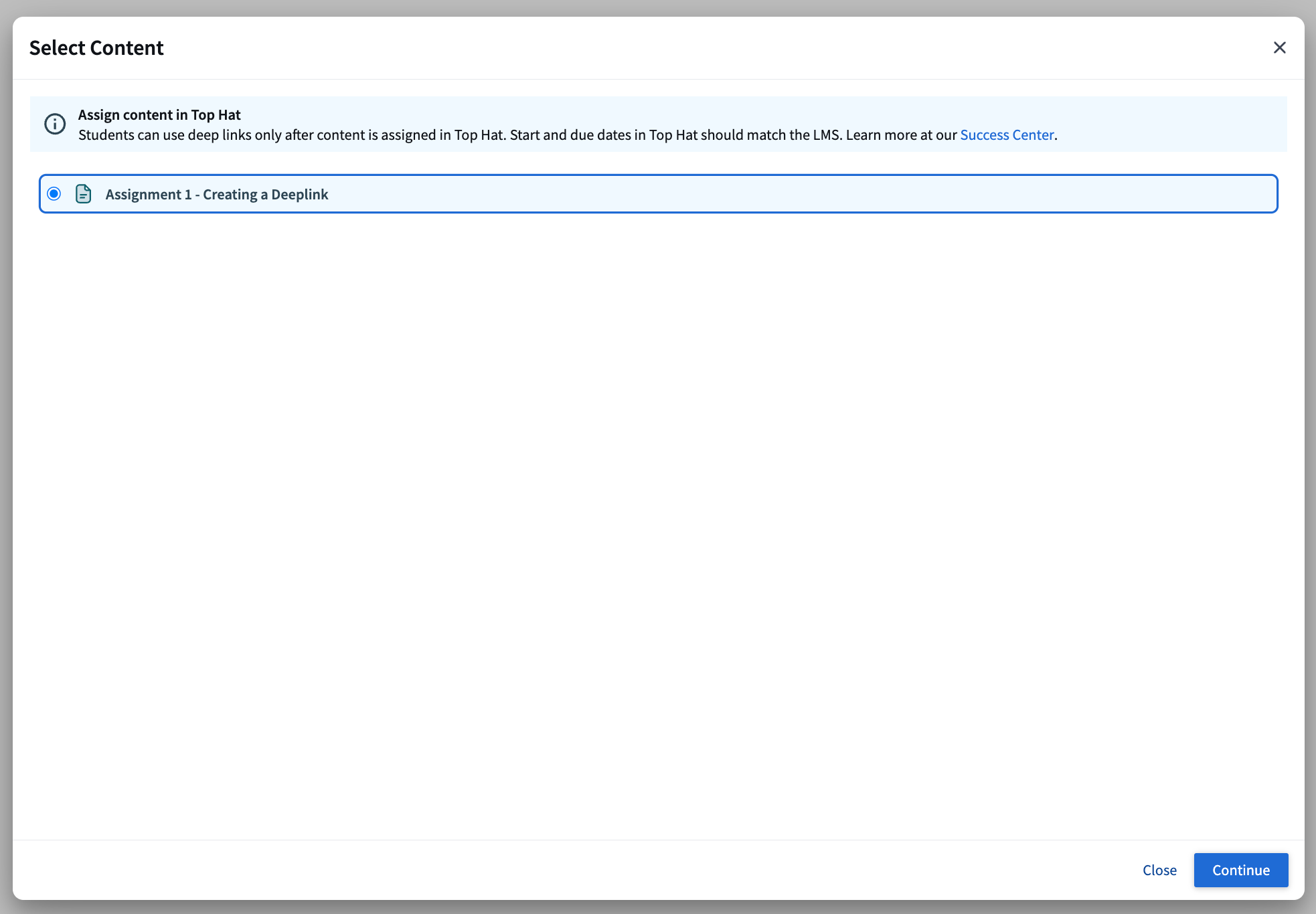 [Top Hat content selection window with checkboxes for deep linking]