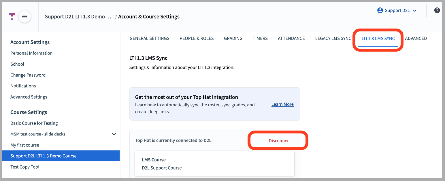 [Top Hat course settings page highlighting the Disconnect button]