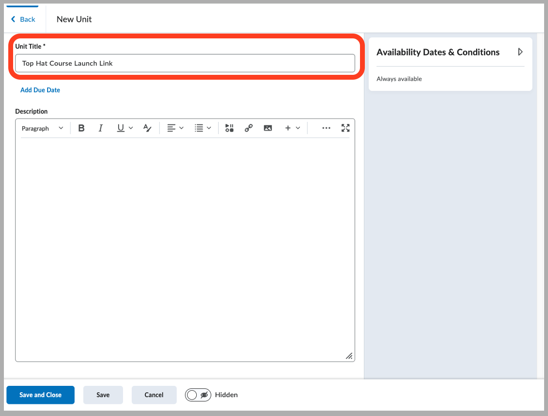 [D2L unit naming interface with text entry]
