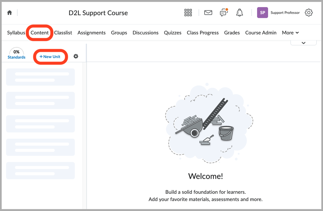 [D2L Content area showing the + New Unit button]