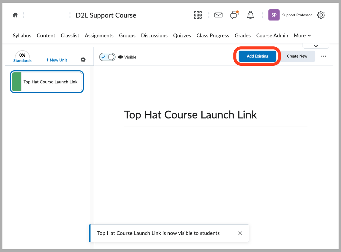 [D2L unit interface highlighting the Add Existing button]
