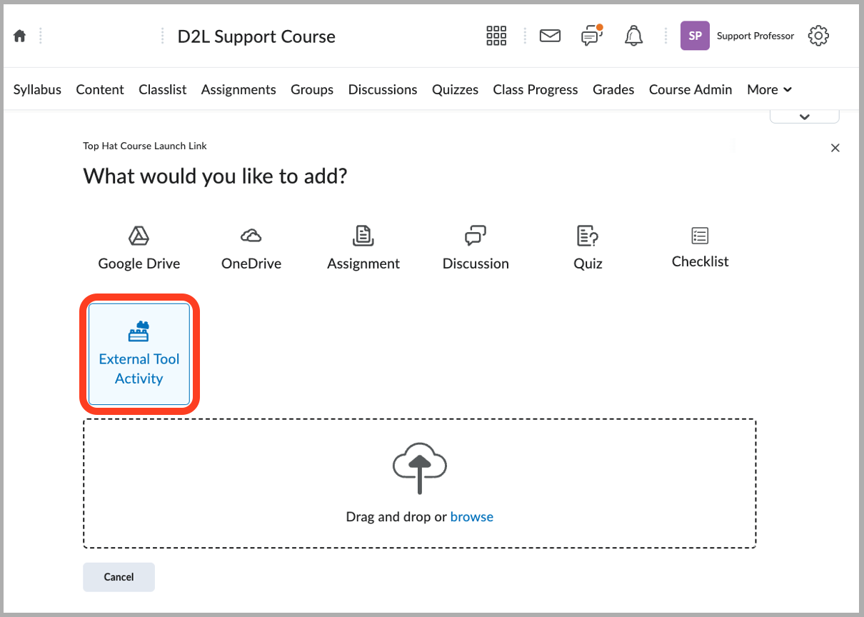 [D2L Add Existing menu with External Learning Tool selected]