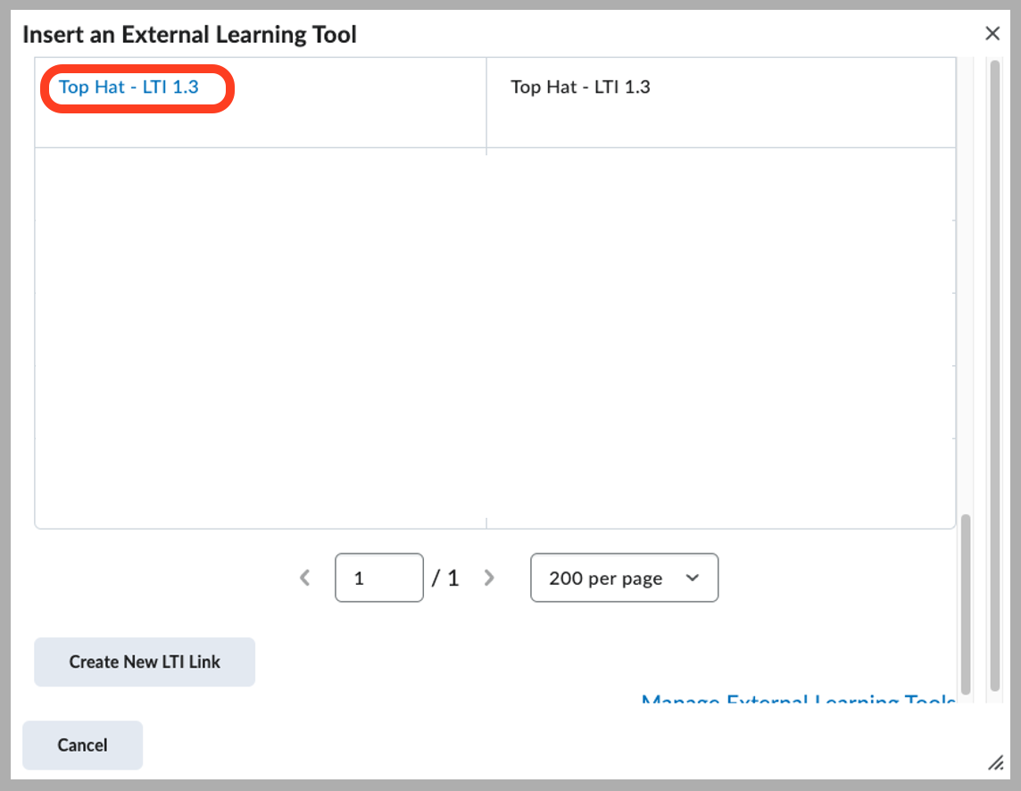 [D2L External Learning Tools list with Top Hat LTI 1.3 selected]