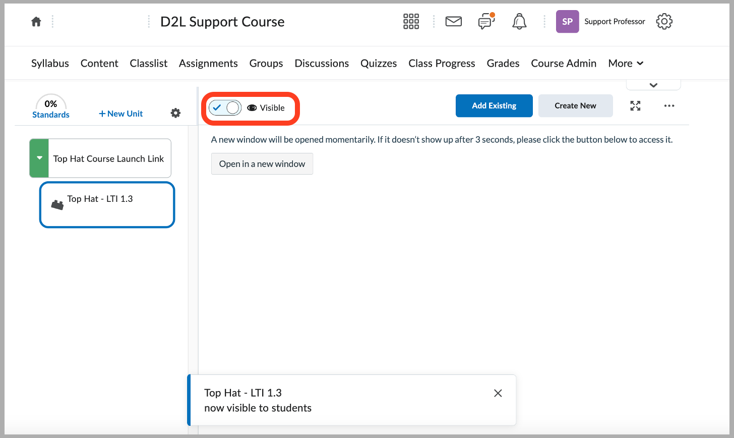[D2L Content area showing the active Top Hat LTI 1.3 launch link]