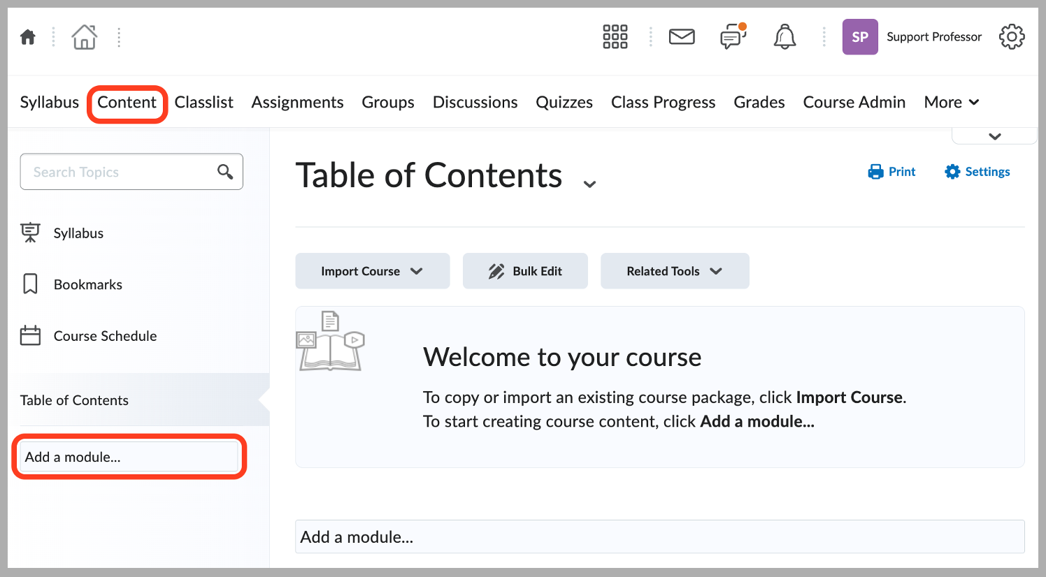 [D2L Content section showing the Add a module input field]