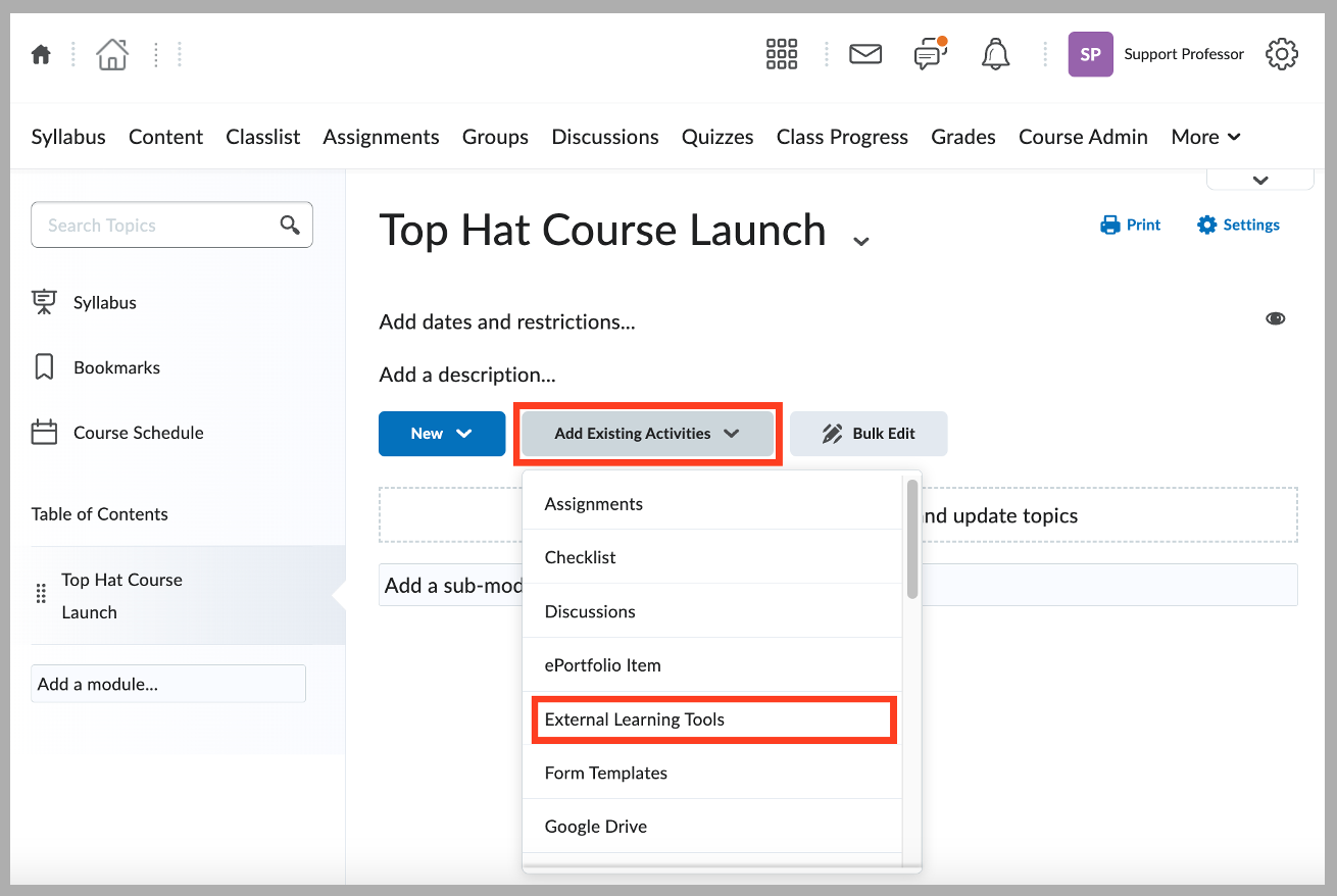 [D2L drop-down menu with External Learning Tools selected]