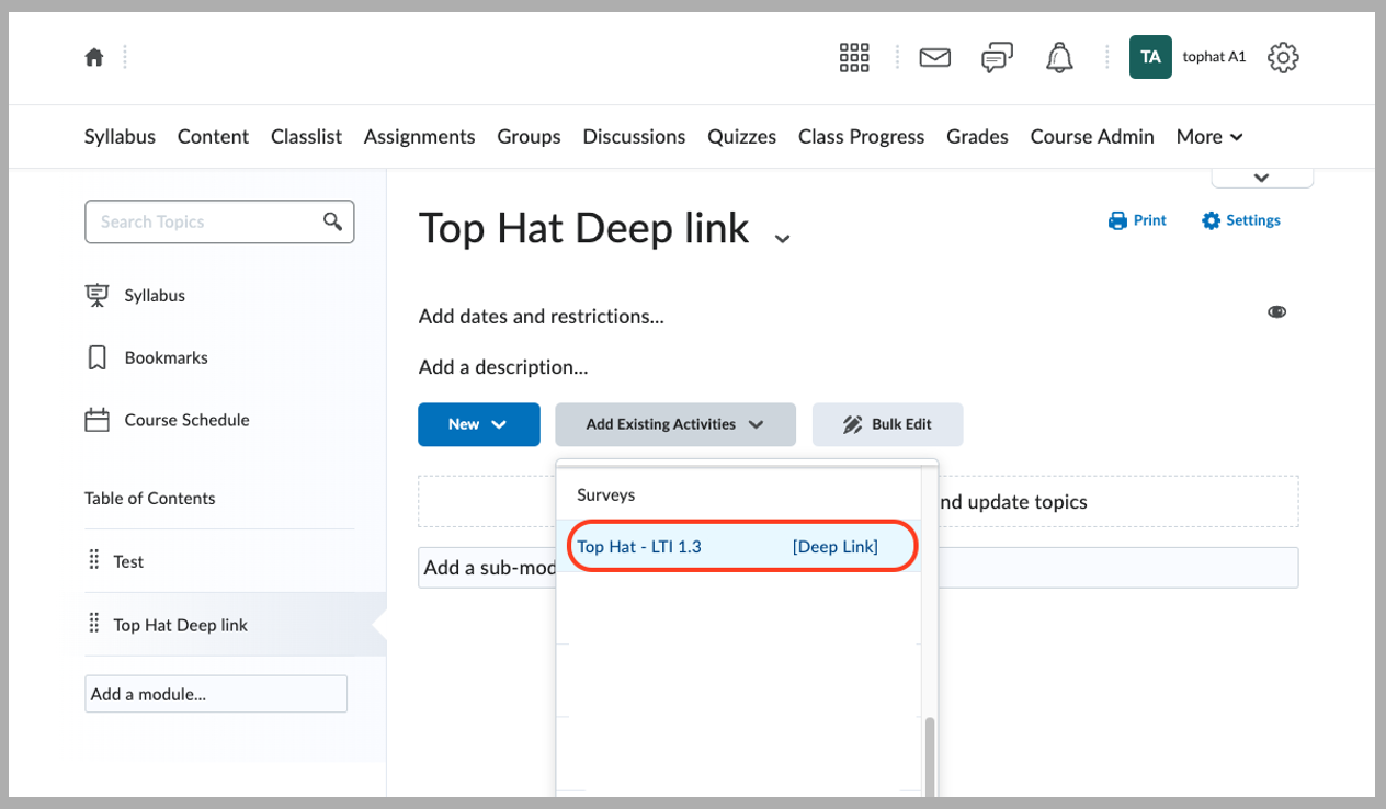 [D2L Add Existing Activities menu showing the search for Top Hat LTI 1.3 Deep Link]
