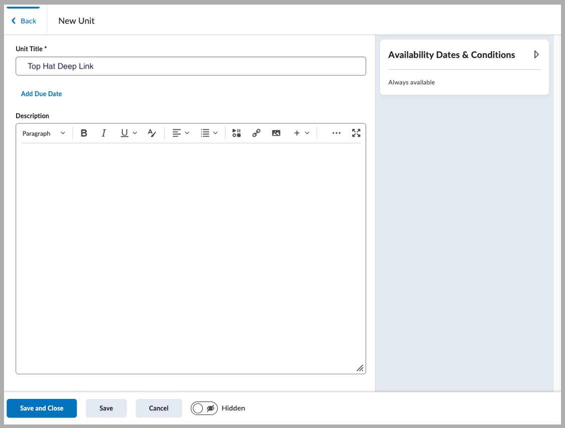 [D2L interface for naming and saving a new unit]