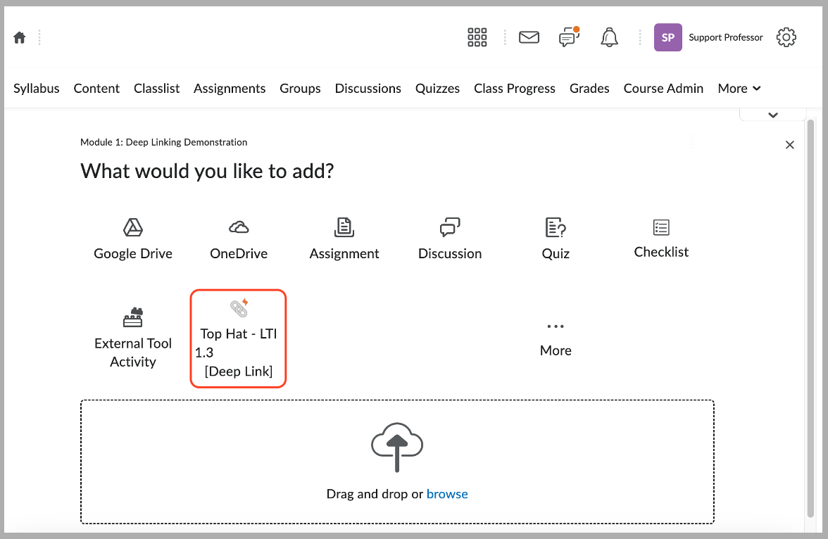 [D2L Add Existing menu showing the Top Hat LTI Tool selected]