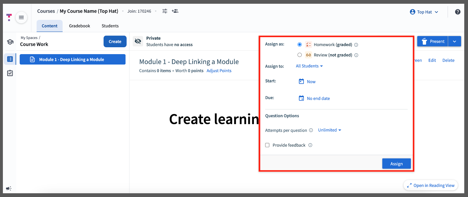 [Top Hat interface showing the Assign dialog for content]
