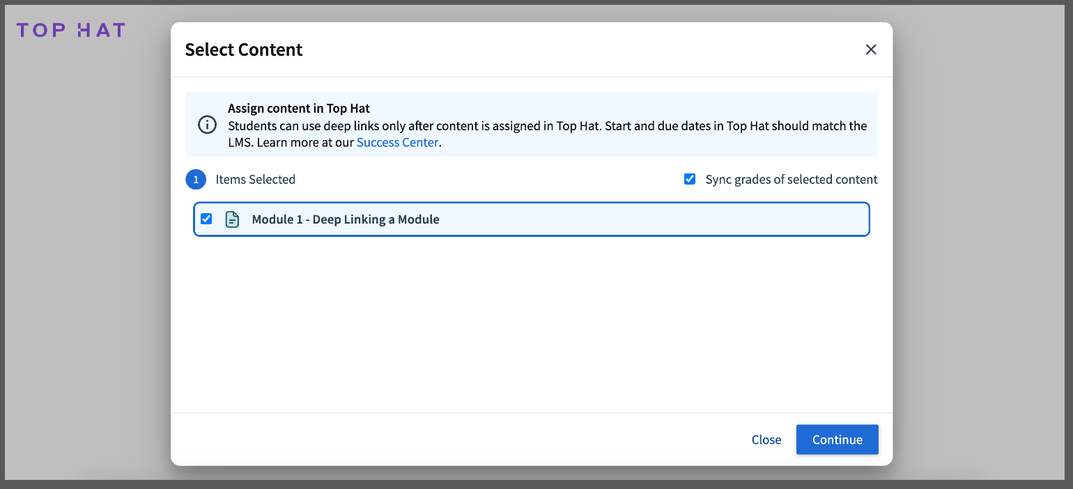 [Top Hat content selection window for deep linking]