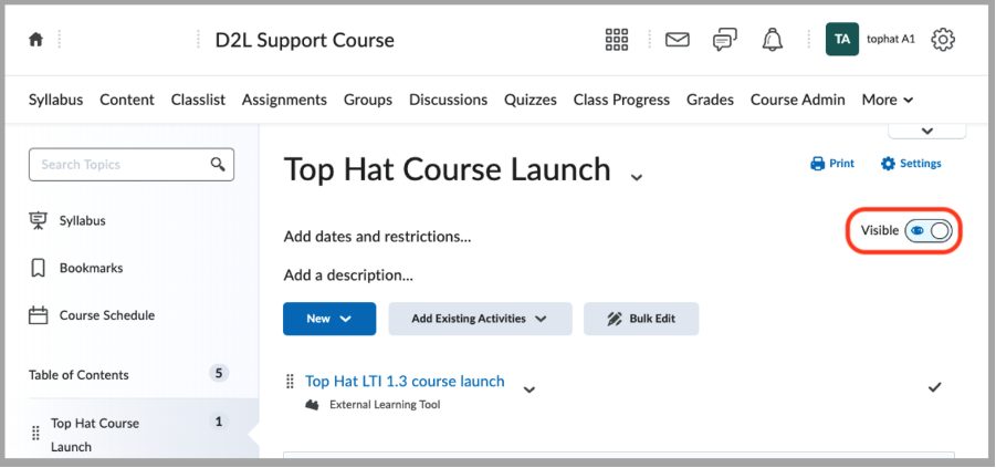 [D2L content page showing the Top Hat LTI 1.3 link set to visible]