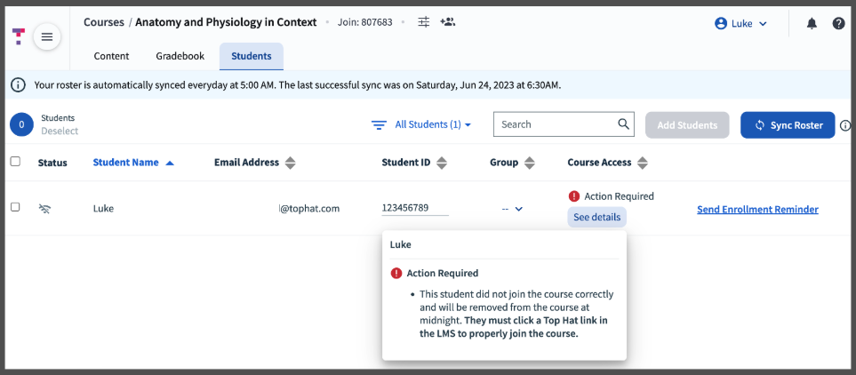 [Top Hat Student Manager showing the Sync Roster button and action required banner]