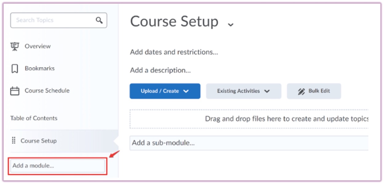 [D2L Content tab highlighting the Add a module field]