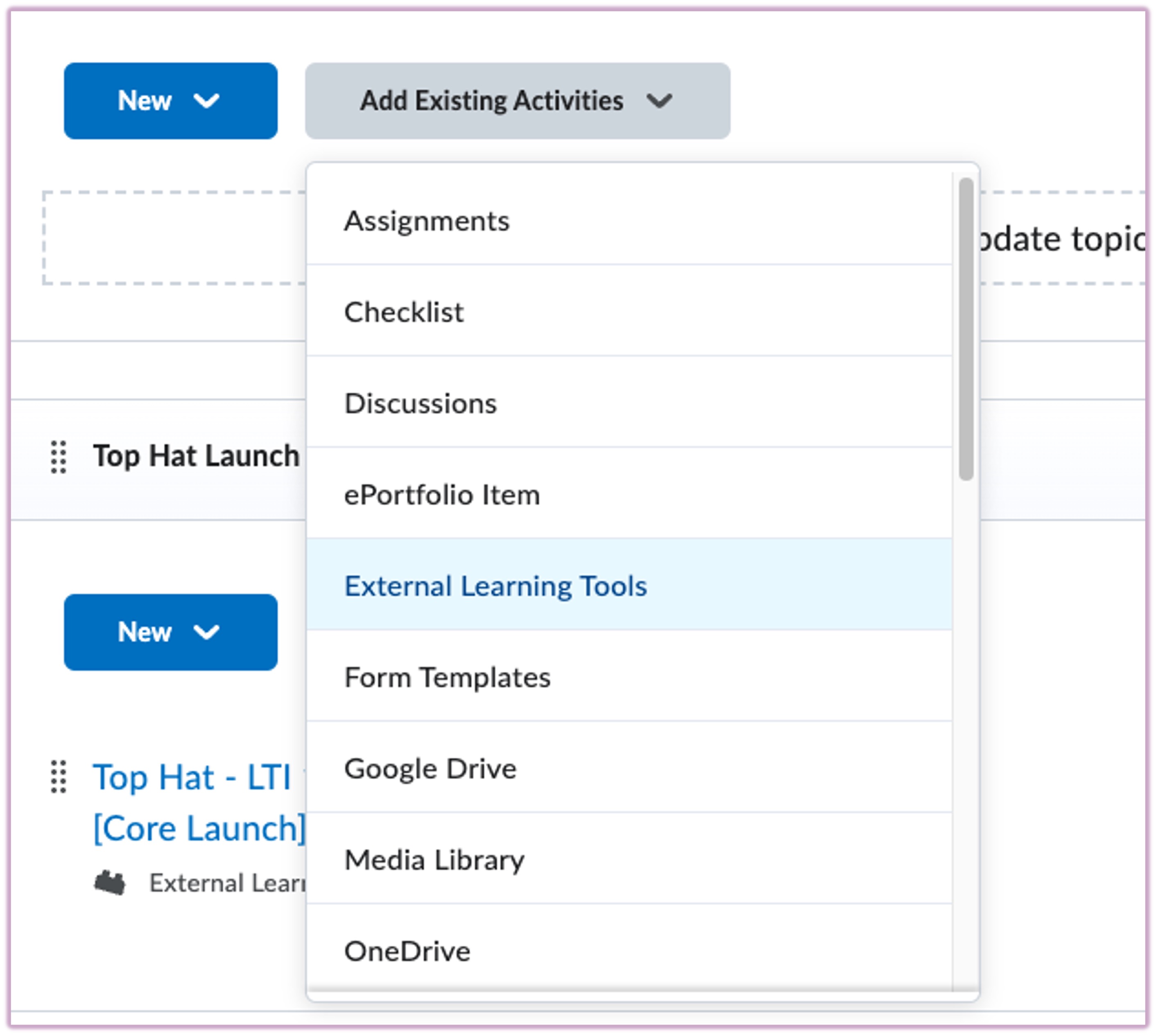 [D2L Existing Activities menu highlighting the External Learning Tools option]