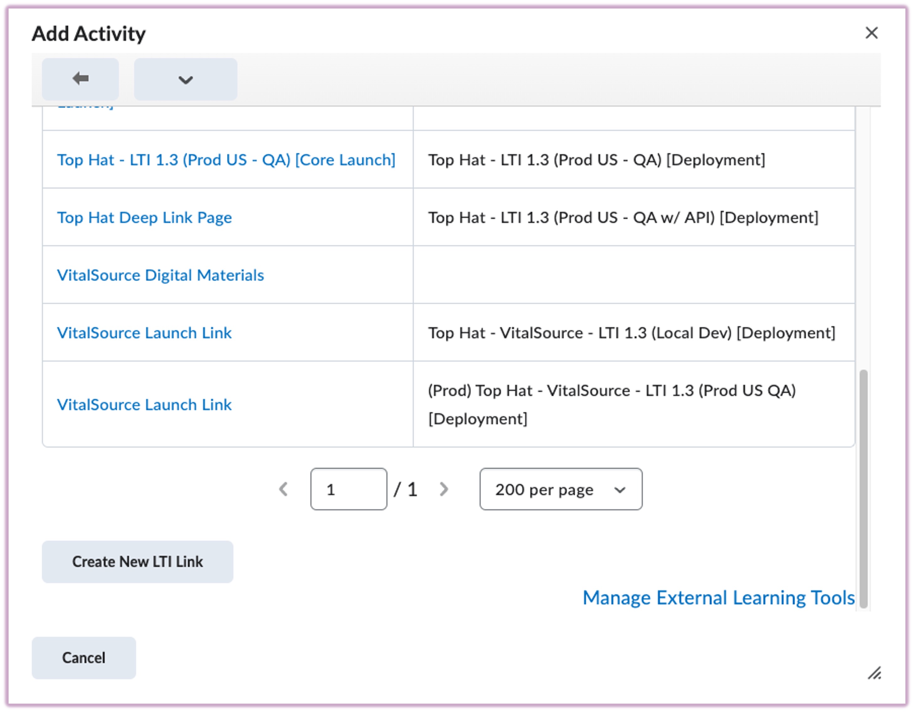[External Learning Tools list showing the VitalSource Course Materials Launch option]