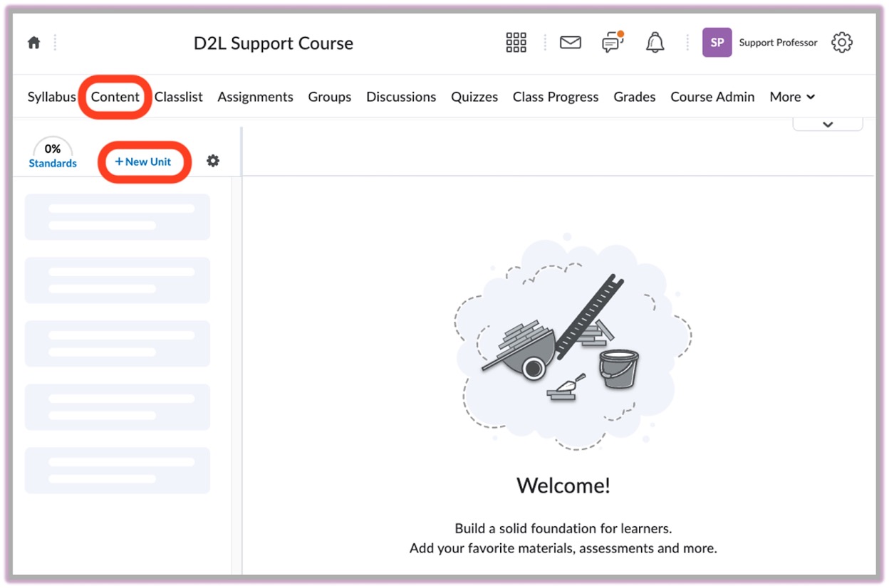 [New D2L interface highlighting the + New Unit button under Content]