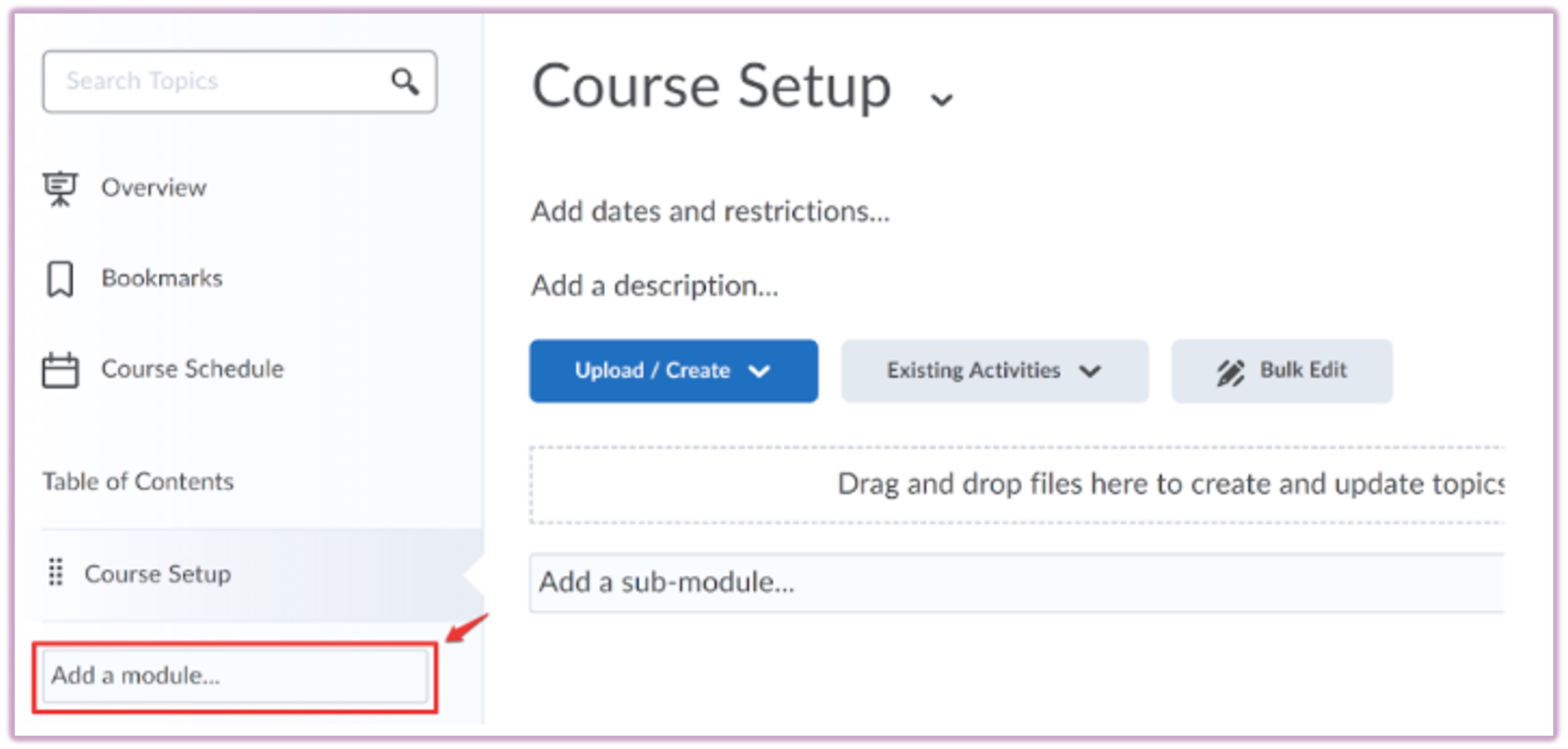 [D2L Add a module option highlighted]