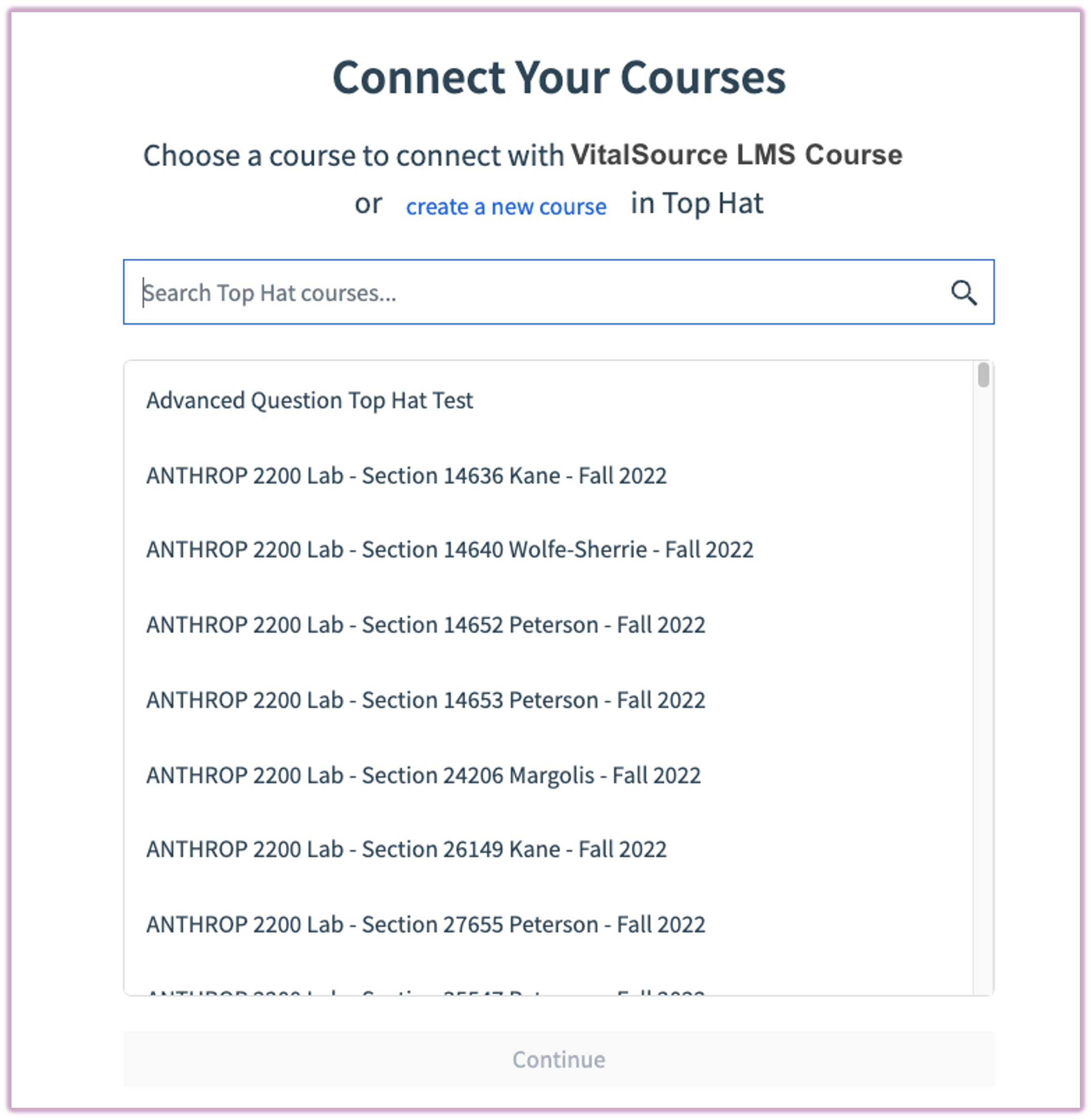[VitalSource menu displaying available Top Hat courses to connect with]