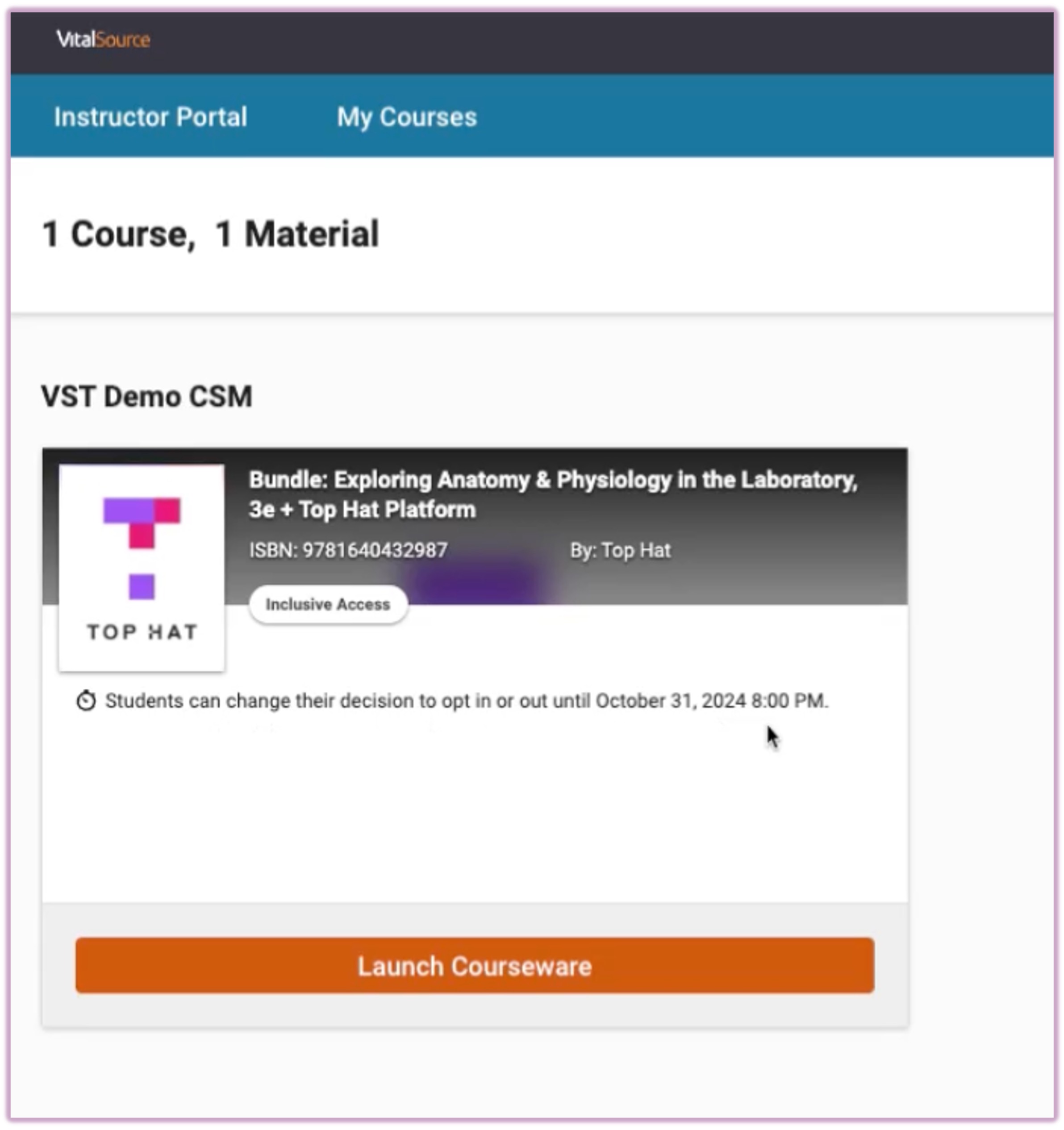 [VitalSource menu indicating the Launch Courseware button]