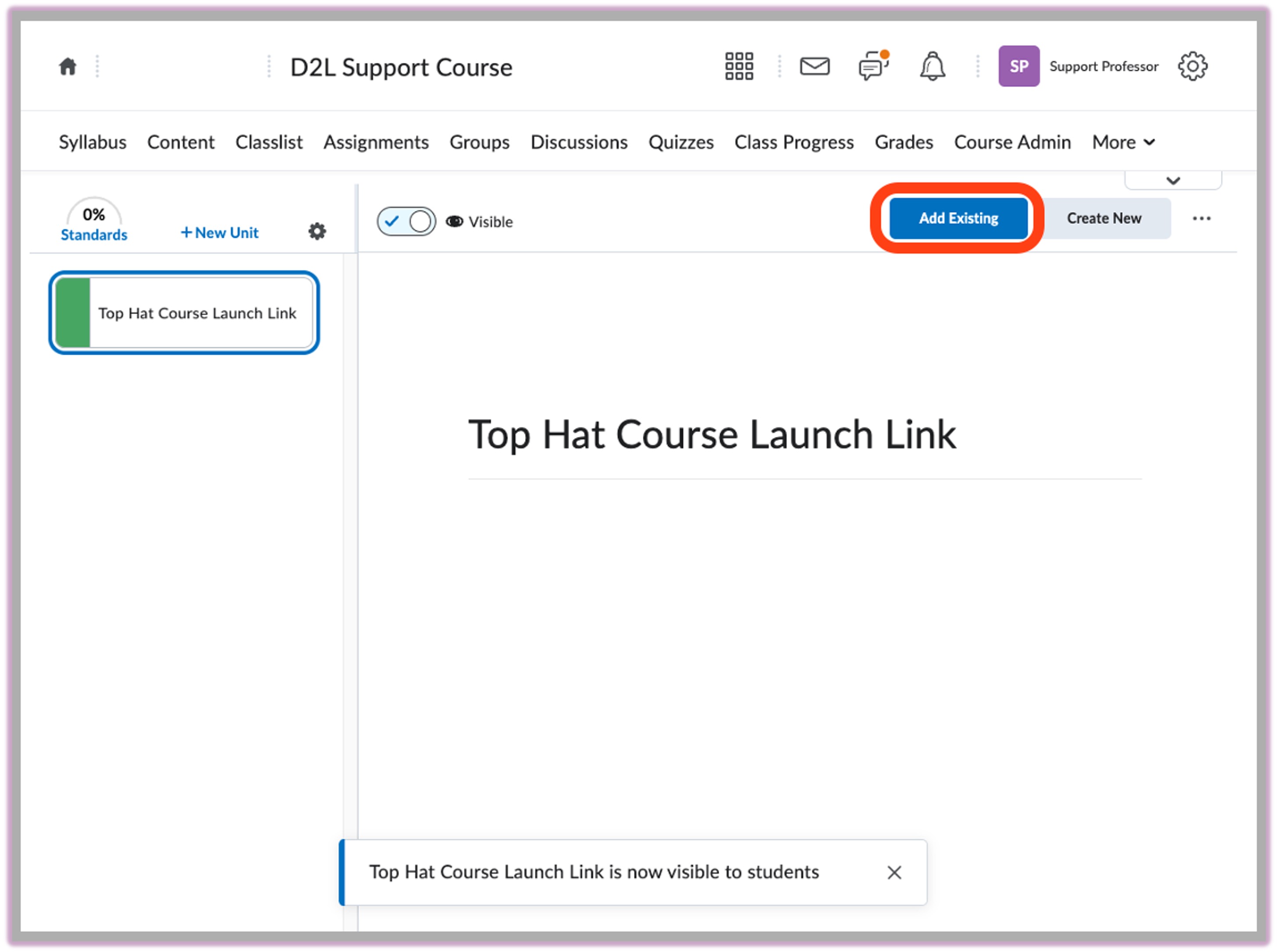 [New D2L interface highlighting the Add Existing button]