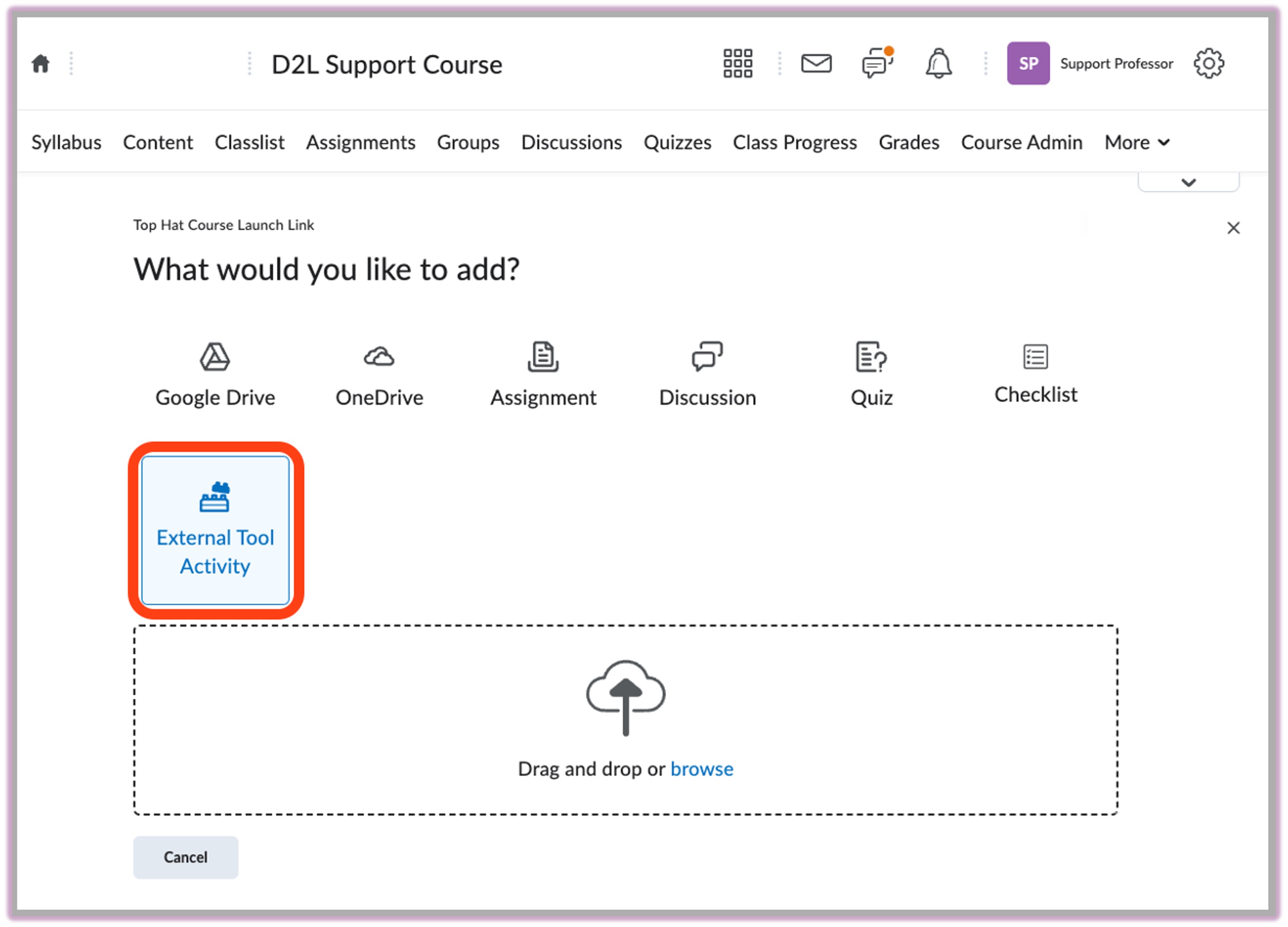 [External Tool Activity button highlighted in D2L]
