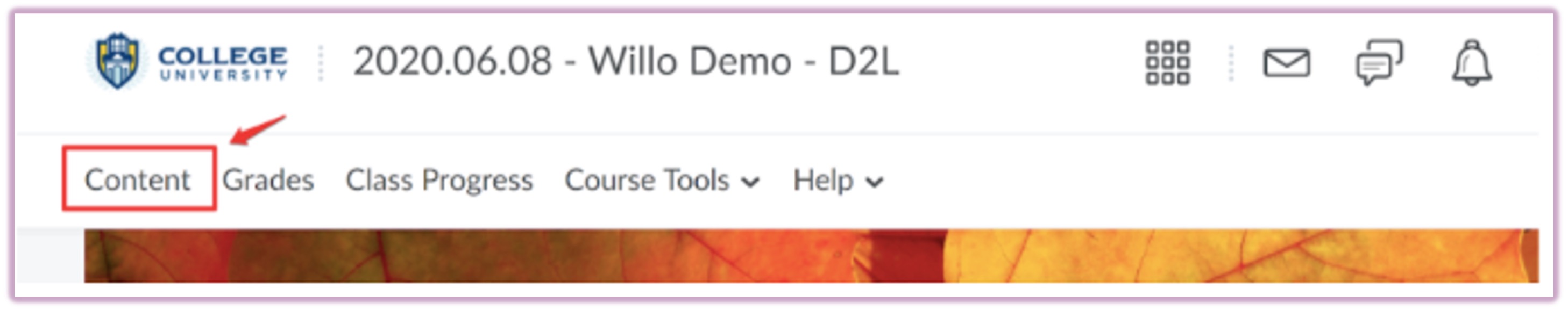 [D2L Content menu highlighted]