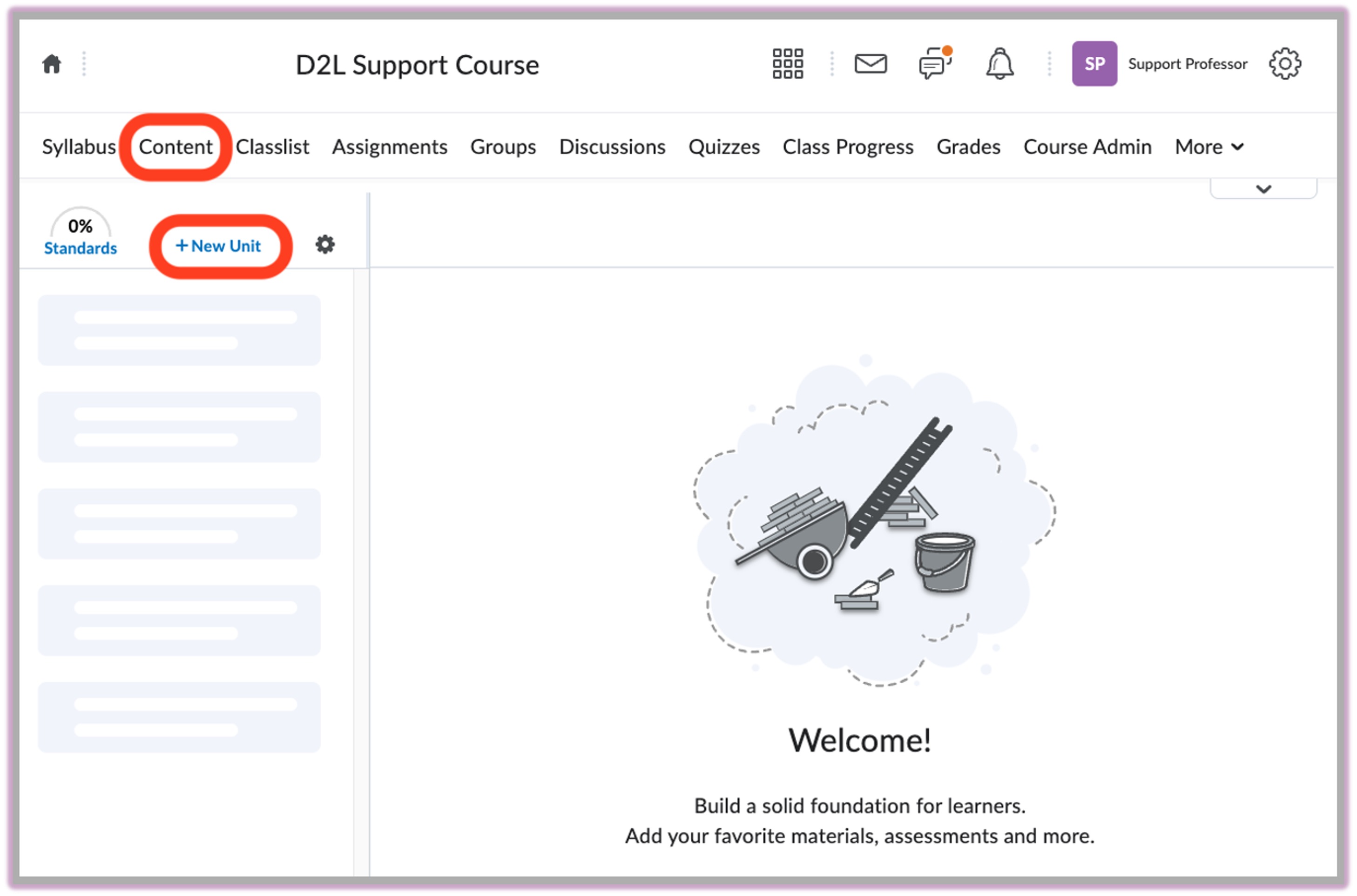 [New D2L interface highlighting the + New Unit button under Content]