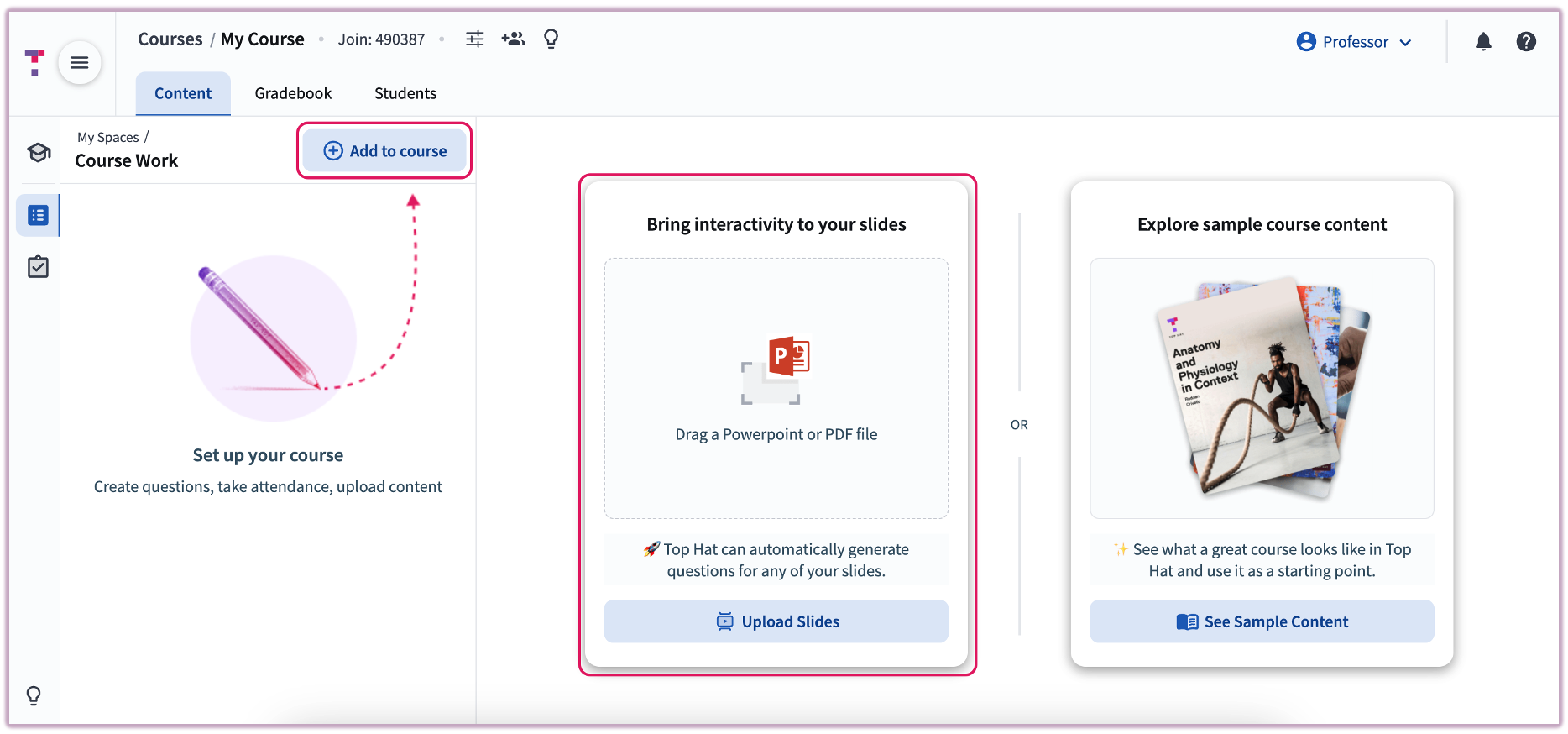 [Top Hat Add to course menu highlighting the Slides Upload option]