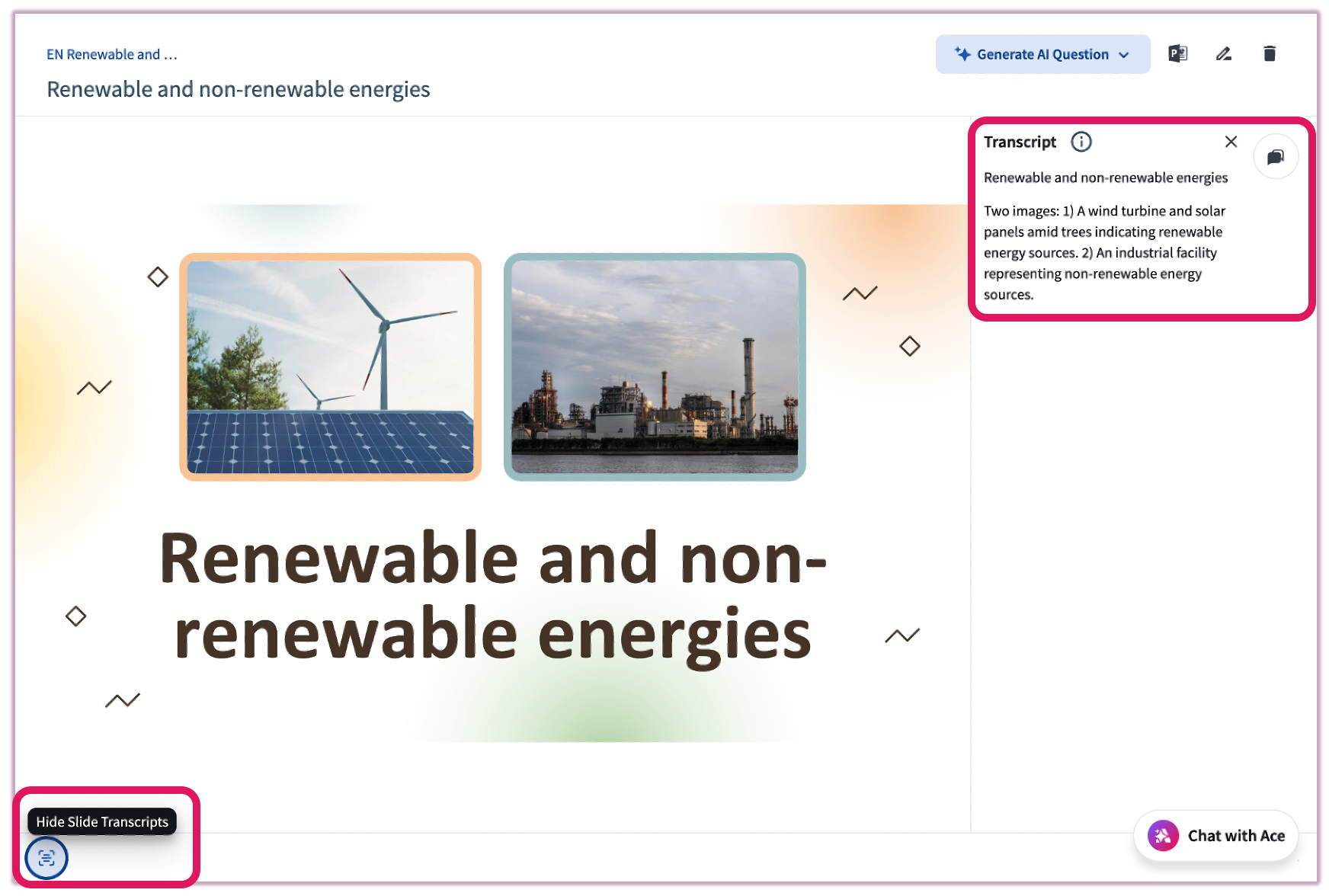 [Top Hat interface showing an AI-generated text transcript displayed below a slide]