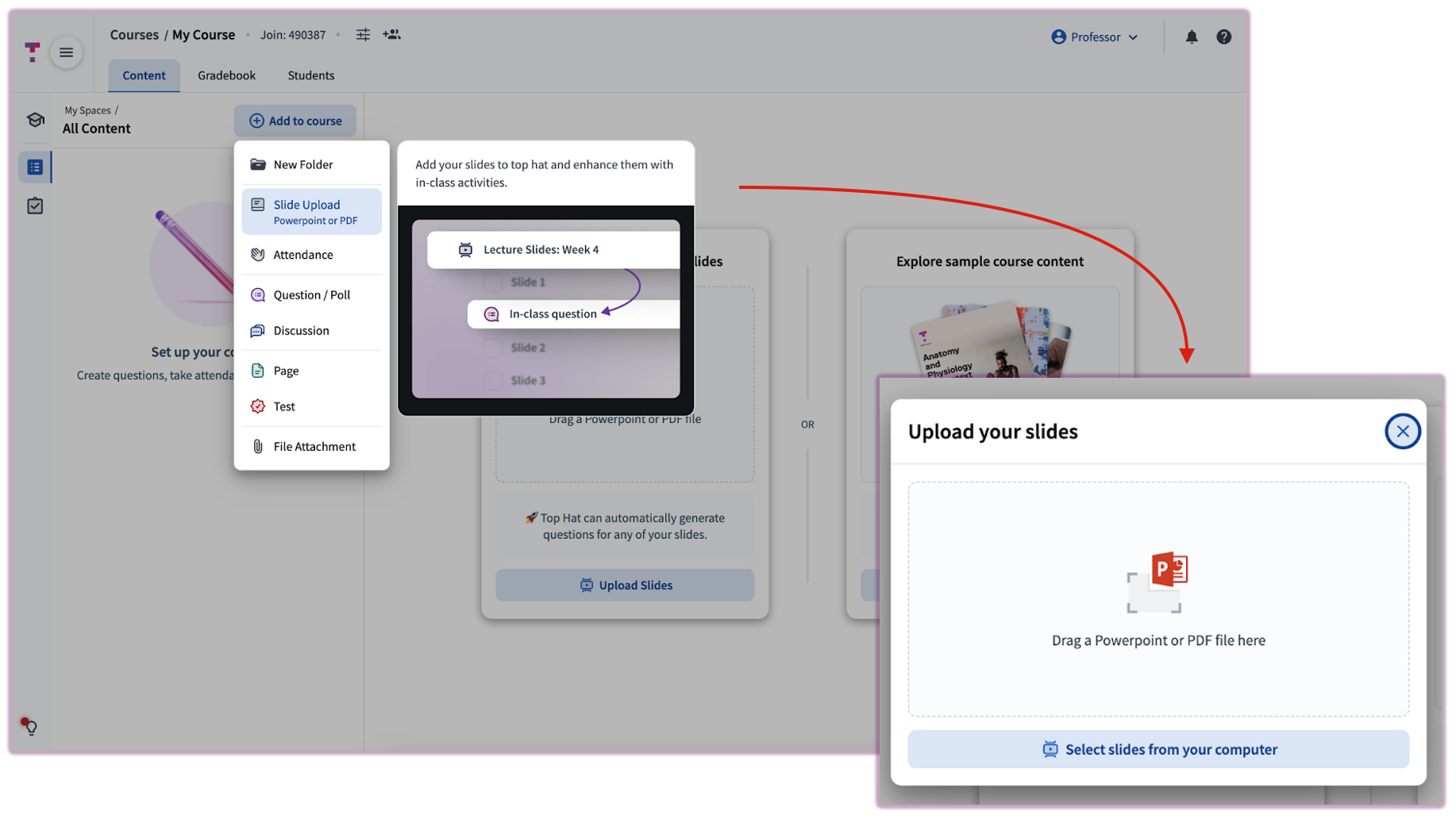 [Top Hat slide upload modal showing drag and drop interface]