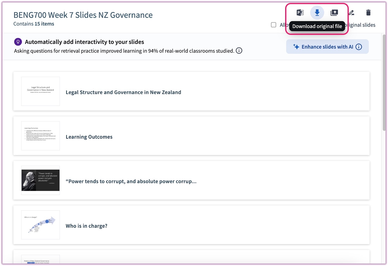 [Top Hat slide preview pane highlighting the Download original button]