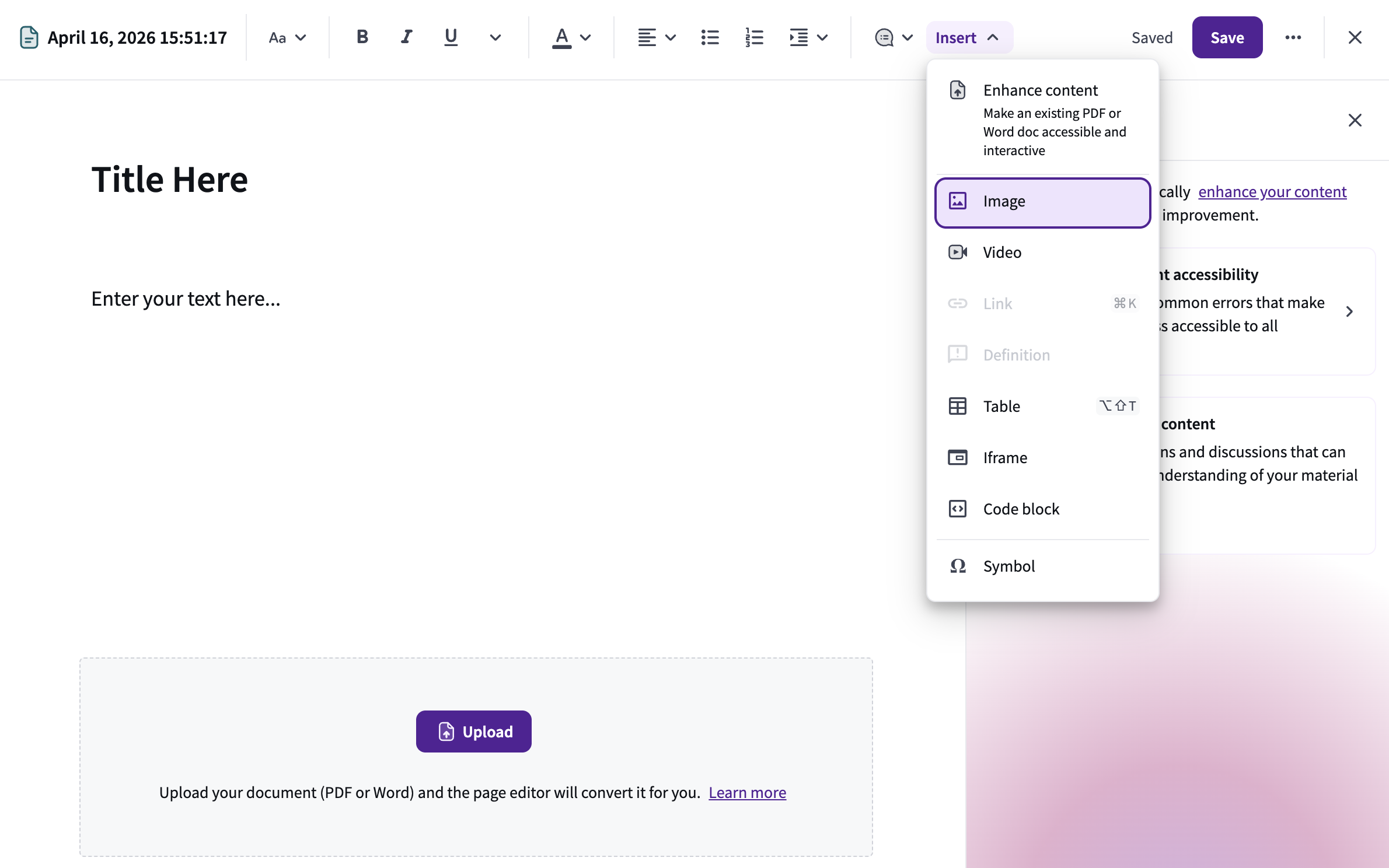 The "Insert" dropdown menu in the content editor, showing "Image" as the selected option among other tools like Video, Table, and Code block.