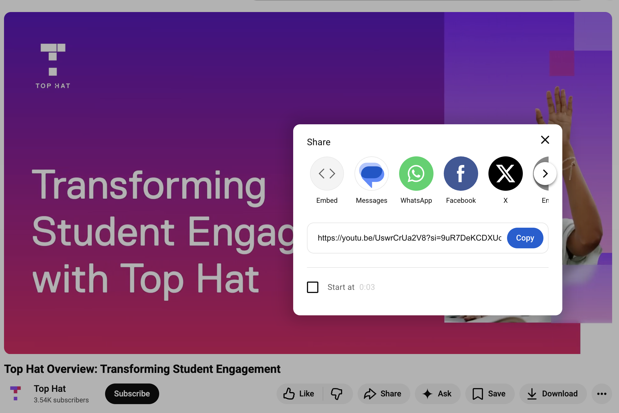 The YouTube sharing menu with the "Start at" checkbox visible, used to generate a link to a specific timestamp in a video.