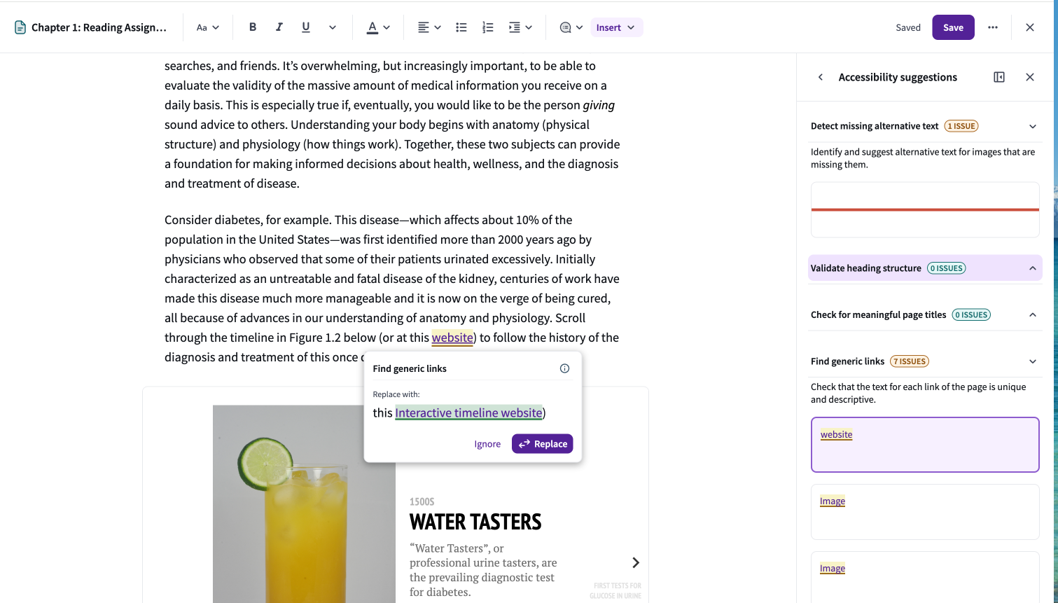 The page editor's accessibility audit results, showing a floating suggestion box to replace a generic "website" link with more descriptive text.