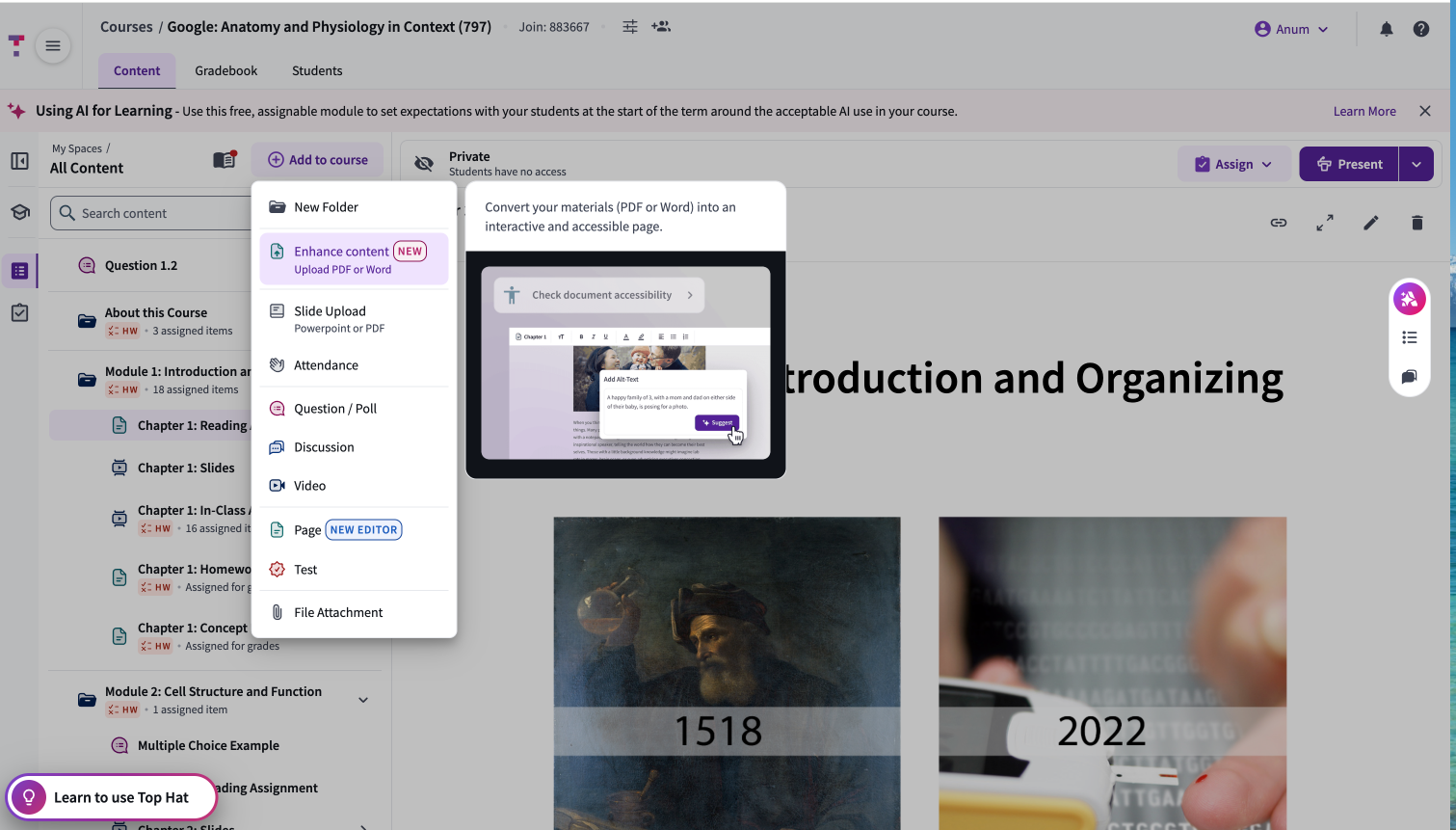 The "Enhance content" tool within the "Add to course" menu, used for uploading and converting PDF or Word documents into interactive course pages.