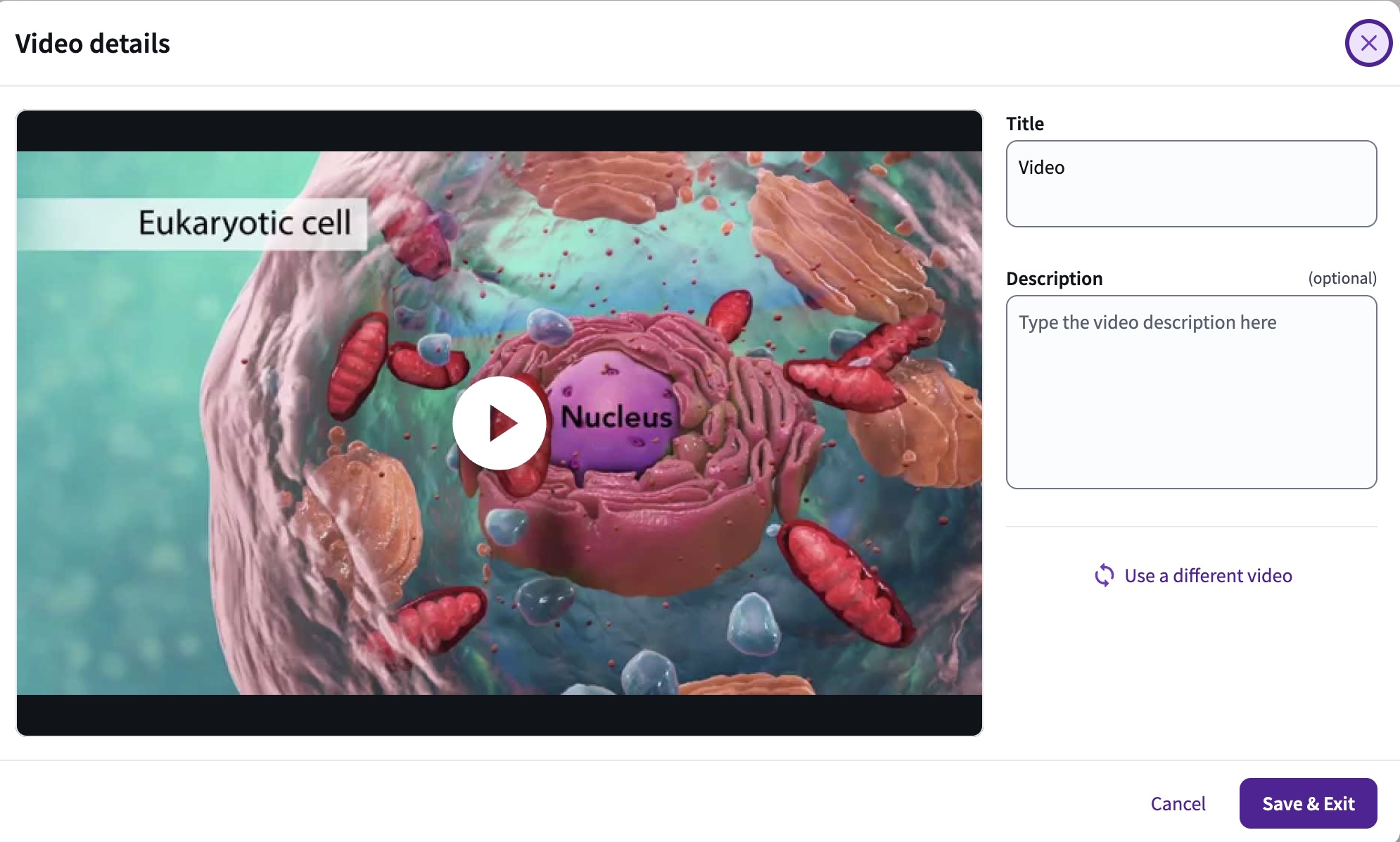 The video settings window showing a preview of a eukaryotic cell video with editable title and description fields.