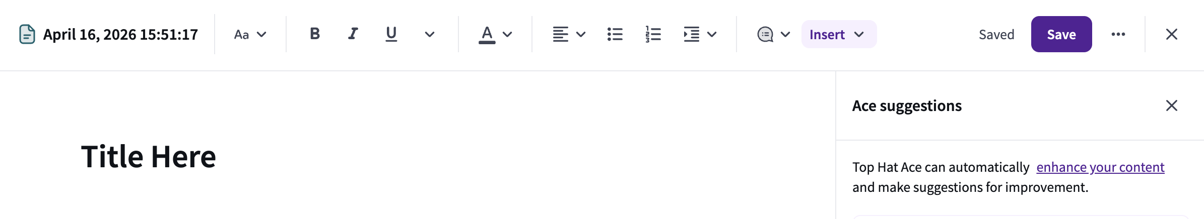 The horizontal formatting toolbar of the page editor, featuring text styling tools, an "Insert" button, and a "Save" button.